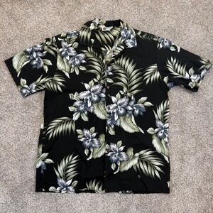 Vintage Aloha Republic Mens‎ Black Floral Palm Leaf Made in Hawaii 100% Cotton